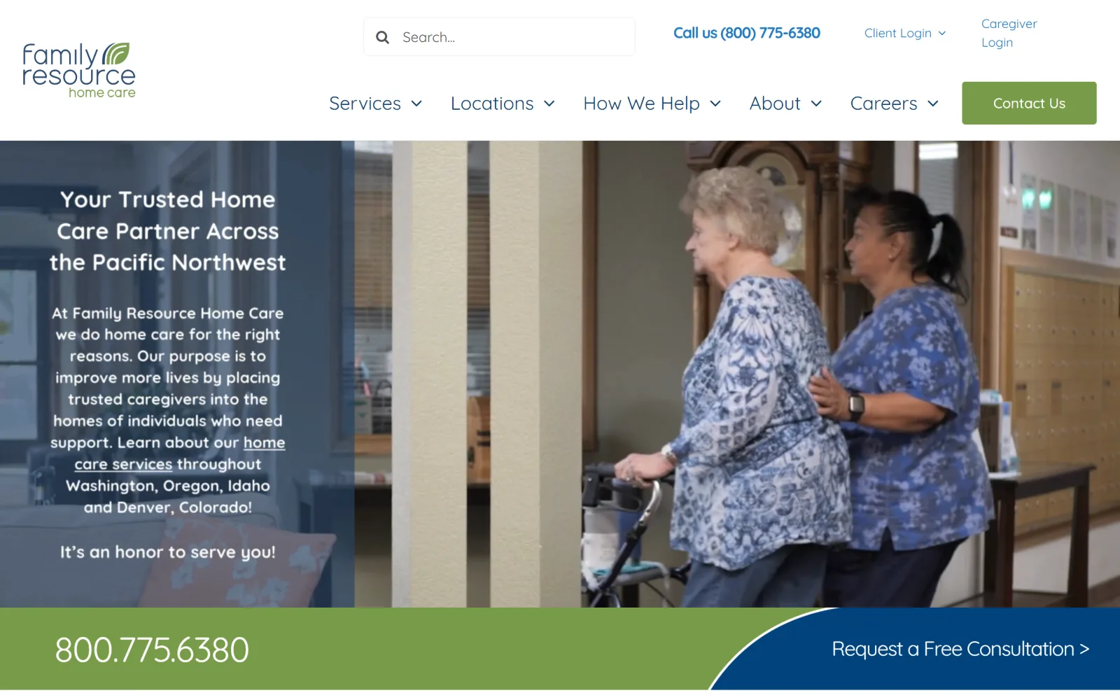 familyresourcehomecare.com, home care website design: a video of a carer walking an older woman with a frame