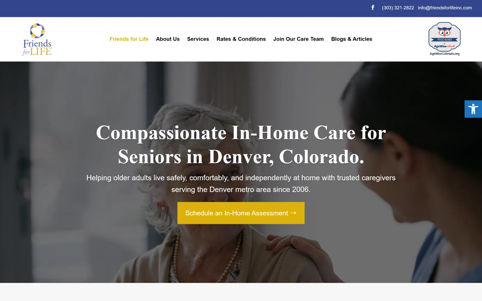friendsforlifeinc.com, home care website design: a centred white serif headline over a darkened video of a carer with a hand on an older