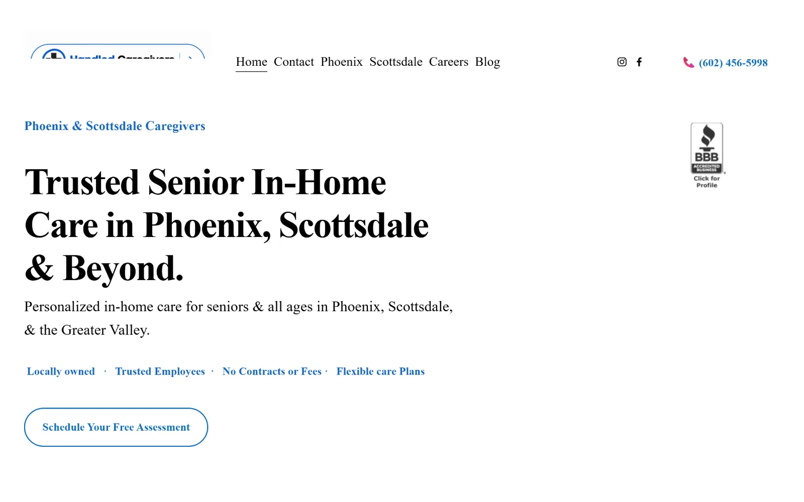 handledcare.com, home care website design: a heavy black serif headline three lines deep on plain white, with a blue eyebrow