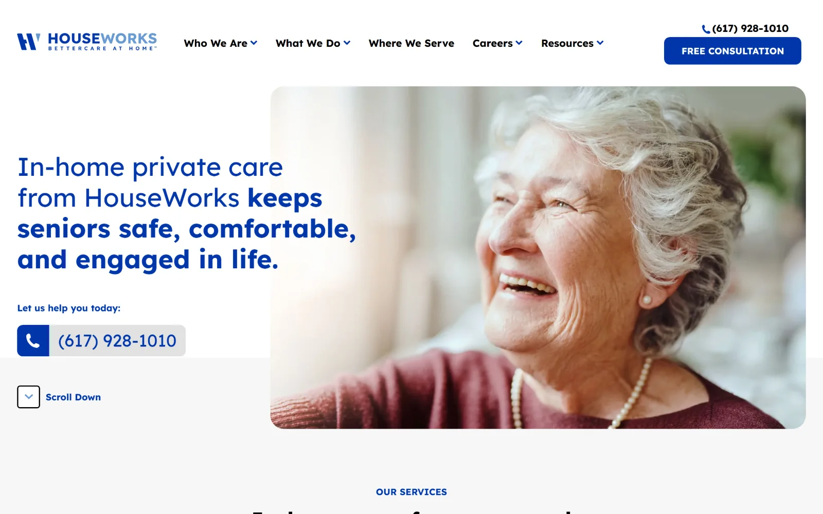 house-works.com, home care website design: blue type at left mixing light and bold weights in one sentence