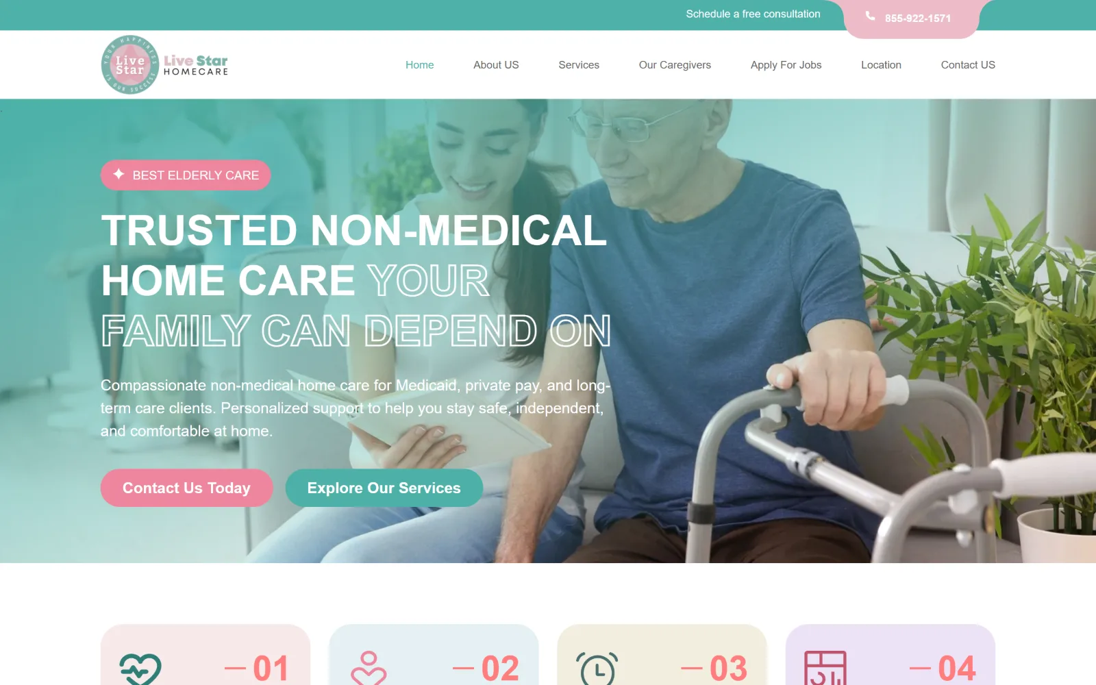 livestarhomecare.com, home care website design: a mint-tinted photo of a carer and an older man on a sofa