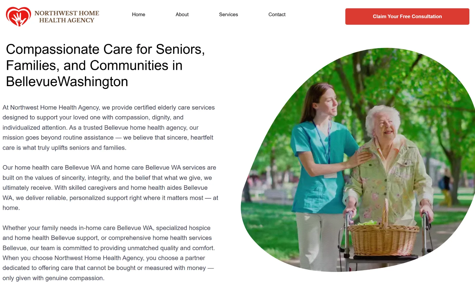 northwesthomehealthagency.com, home care website design: a black sans headline and three long paragraphs at left on white