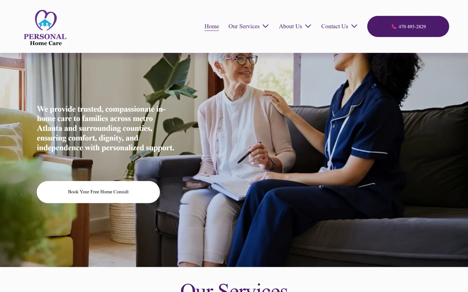 personalhomecareatlanta.com, home care website design: a full-bleed photo of a carer seated beside an older woman on a sofa