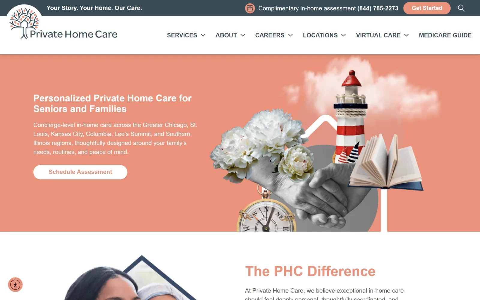 privatehomecare.com, home care website design: white type on a salmon field at left, with a cut-paper collage at right of a lighthouse