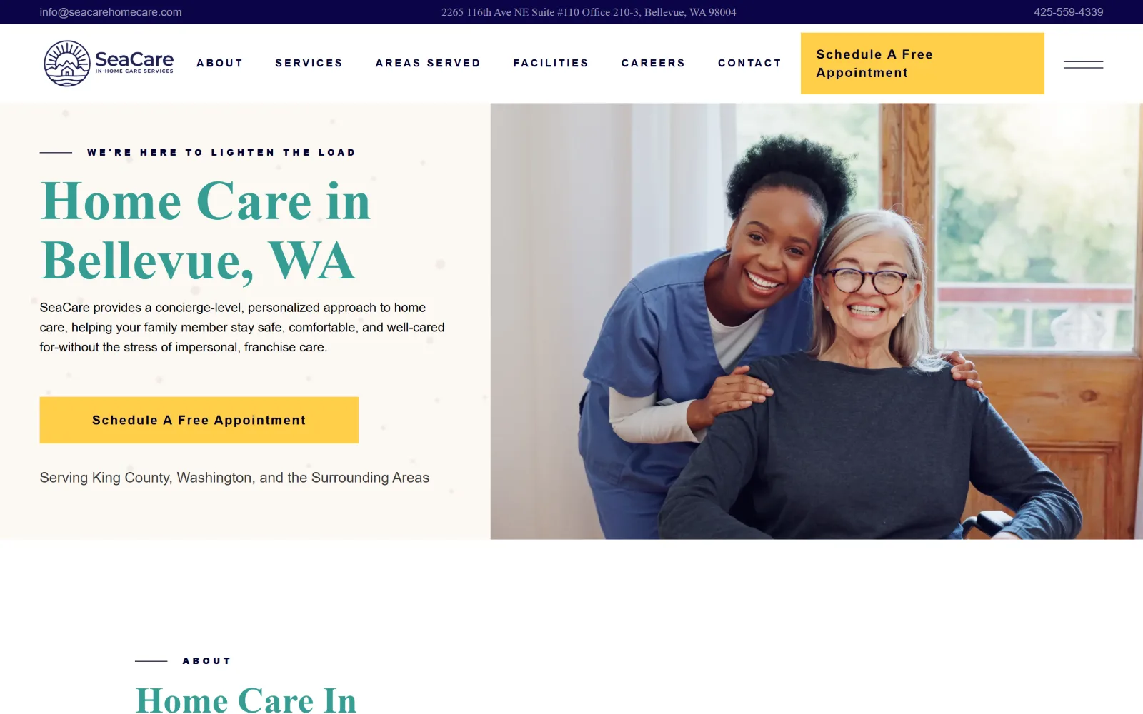 seacarehomecare.com, home care website design: a teal headline on a pale ground at left with a yellow block button