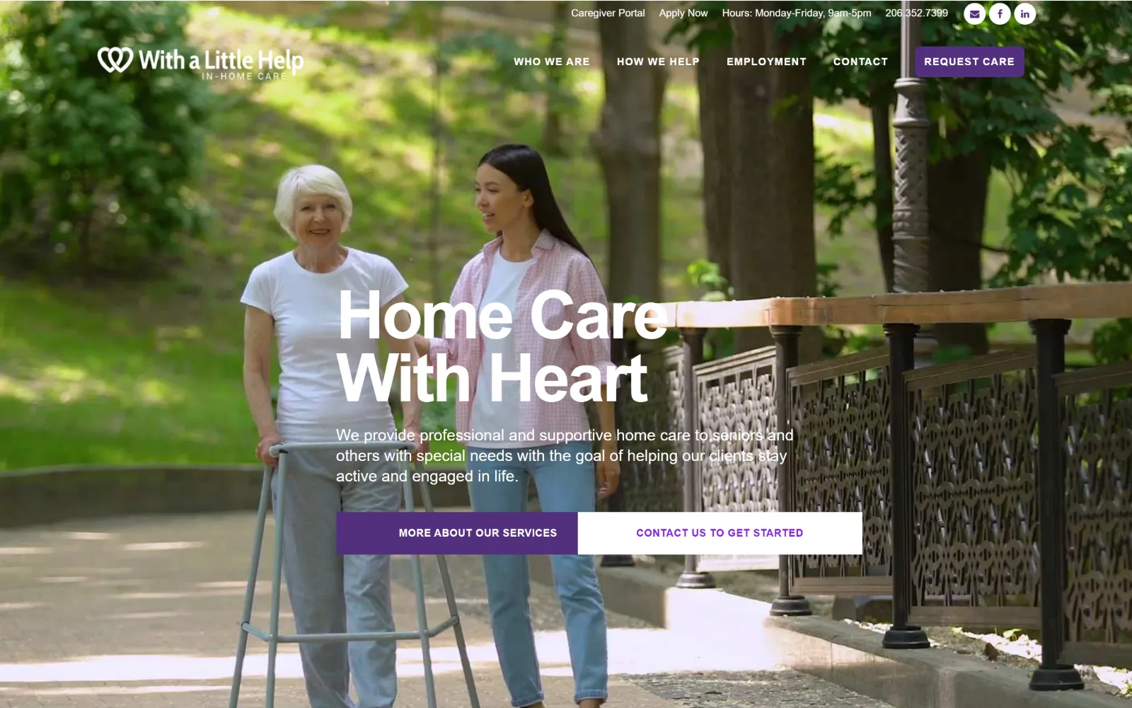 withalittlehelp.com, home care website design: huge white type centred over a sunlit photograph of a woman walking beside an older woman
