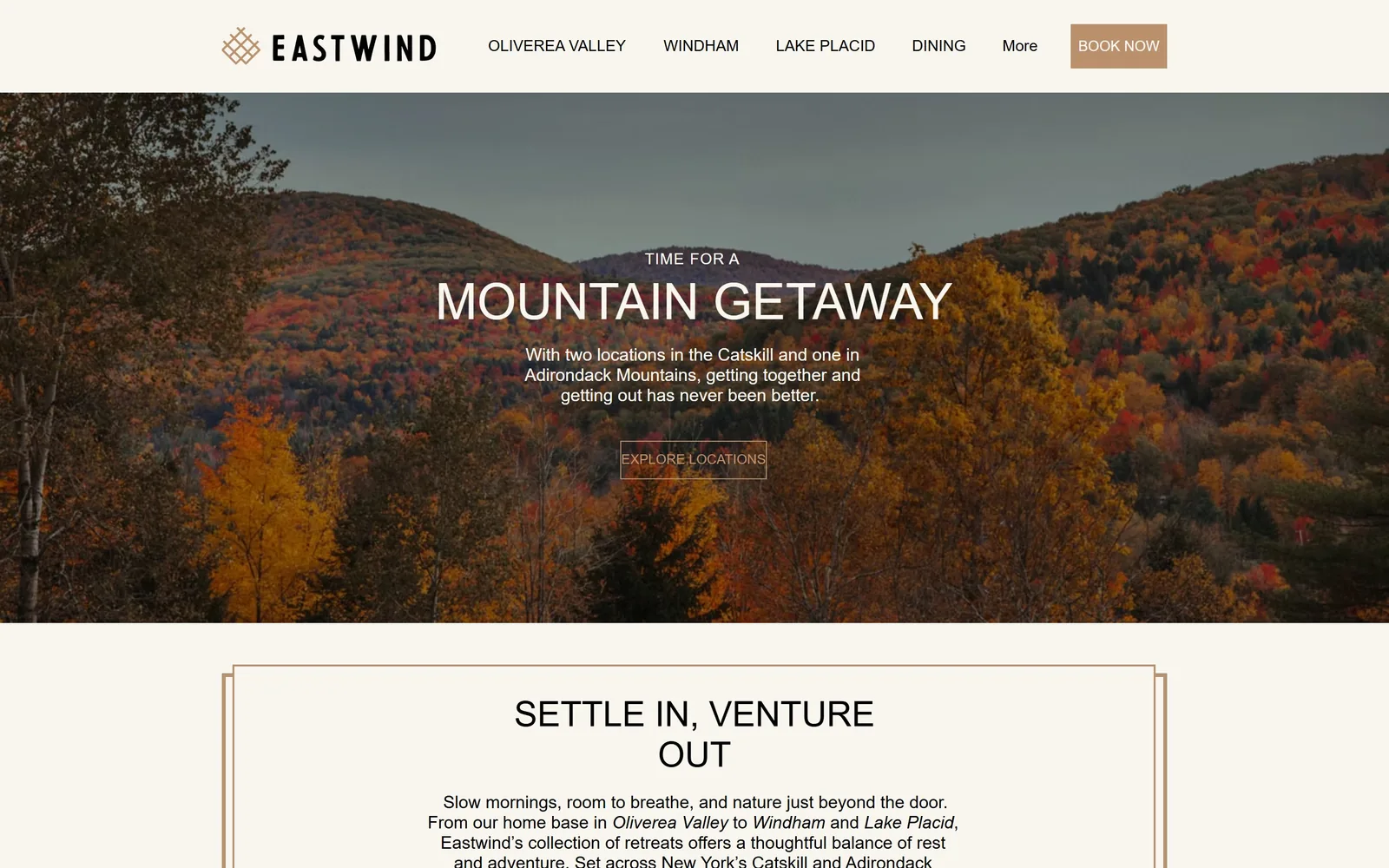eastwindhotels.com, hotel website design: peak autumn colour across two Catskill ridges