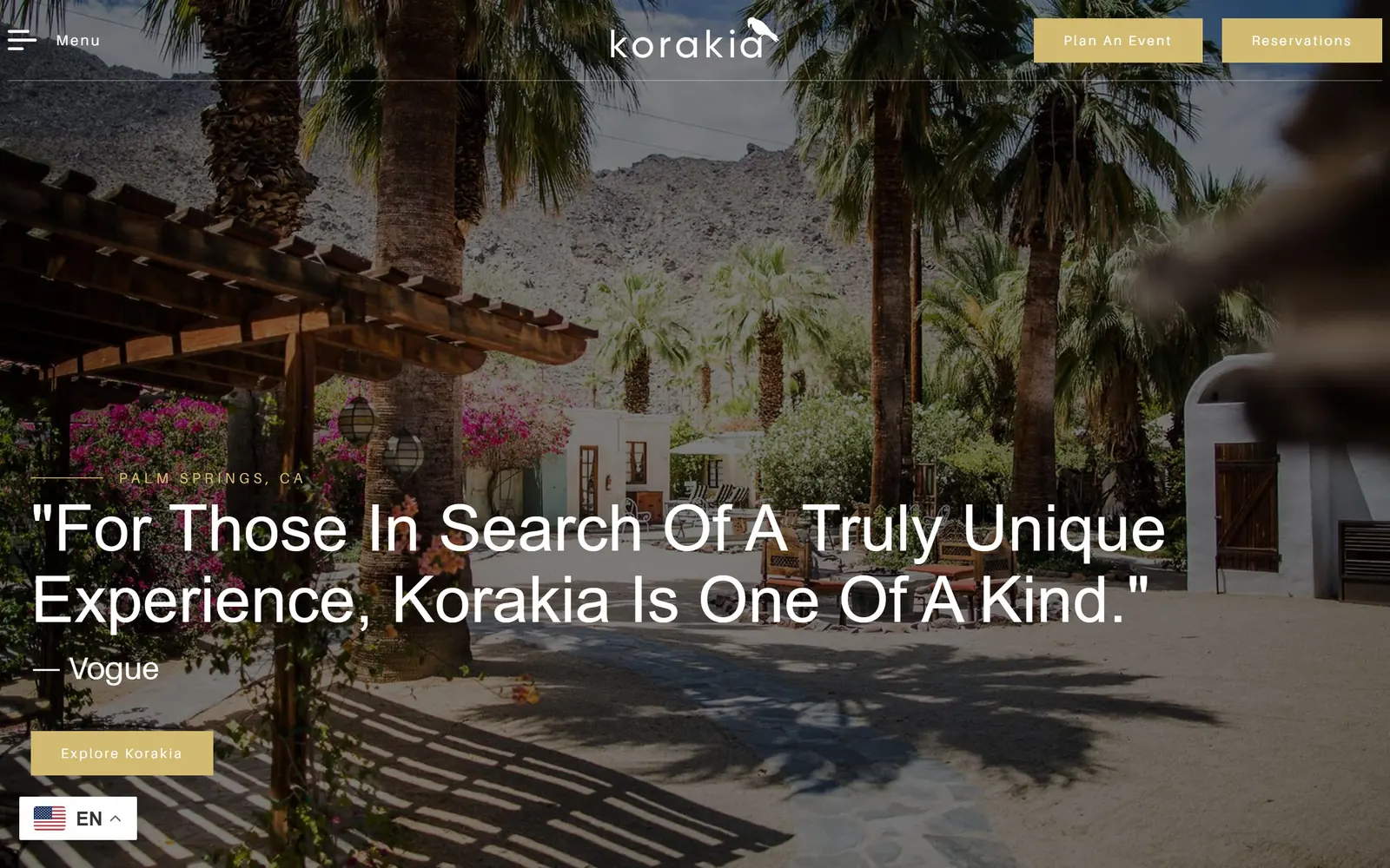 korakia.com, hotel website design: a Vogue pull-quote in large caps-initial type runs across a sunlit courtyard of palms