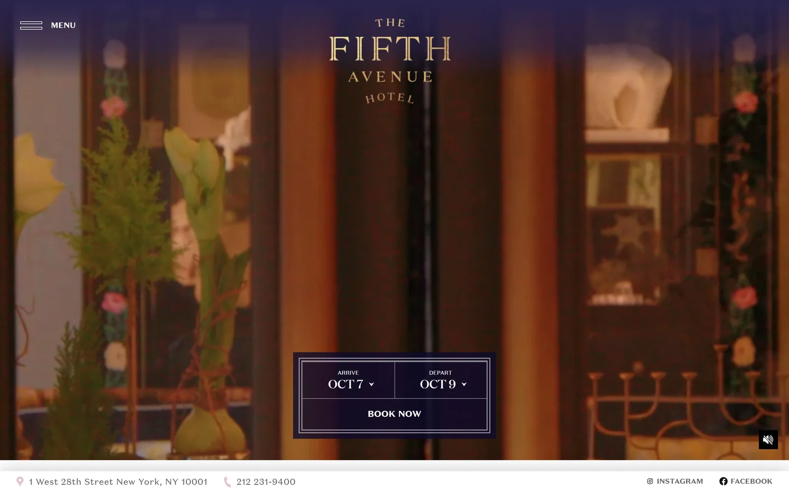 thefifthavenuehotel.com, hotel website design: a gold stacked wordmark floats over a slow video of a florist's window