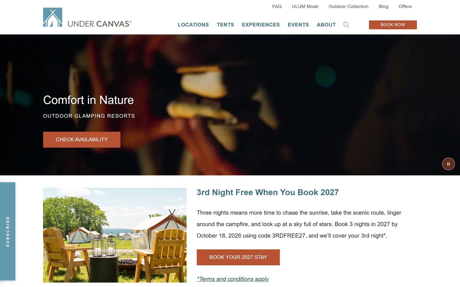 undercanvas.com, hotel website design: a dark out-of-focus campfire frame with Comfort in Nature in white and a rust Check Availability