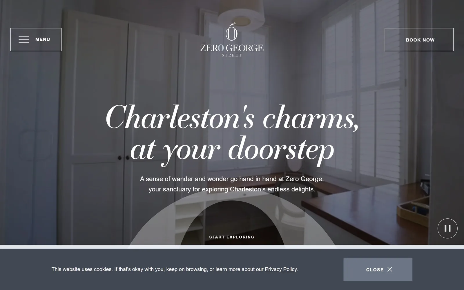 zerogeorge.com, hotel website design: a 96px italic serif headline reads Charleston's charms