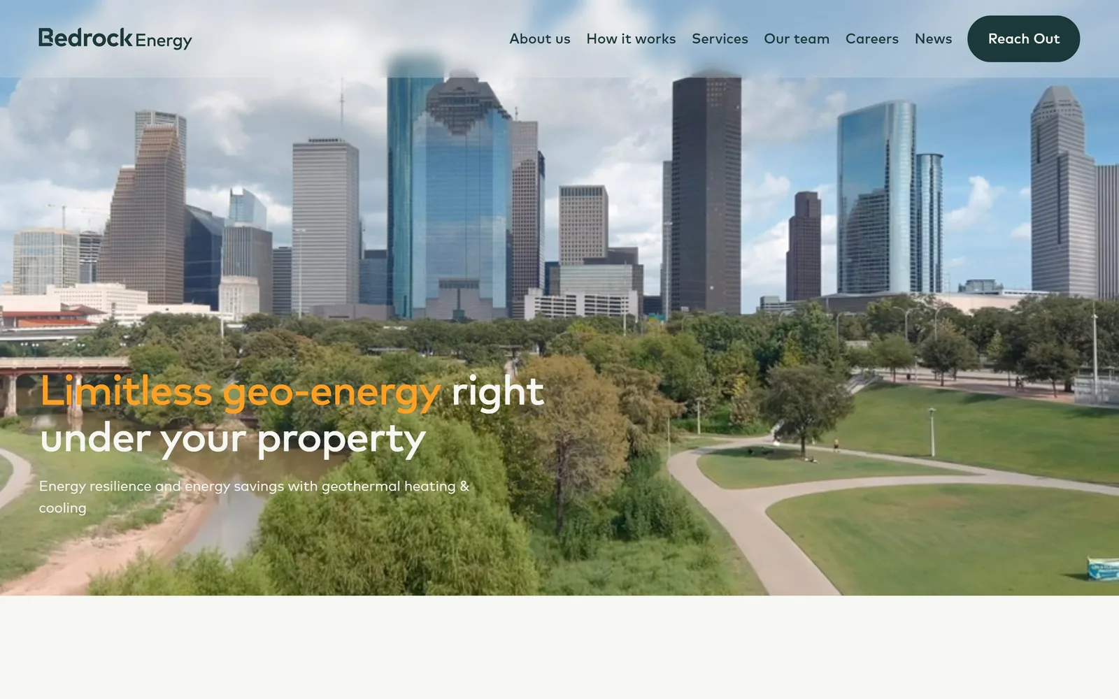 bedrockenergy.com, hvac website design: a drone shot of the Houston skyline over parkland