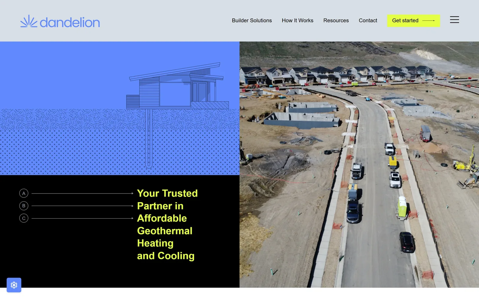 dandelionenergy.com, hvac website design: a four-panel hero: a cornflower drawing of a house and borehole
