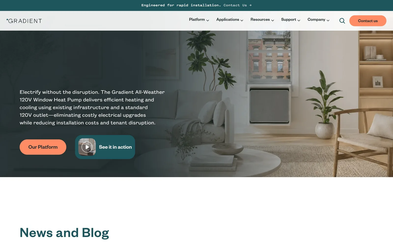 gradientcomfort.com, hvac website design: a styled living room with a window heat pump