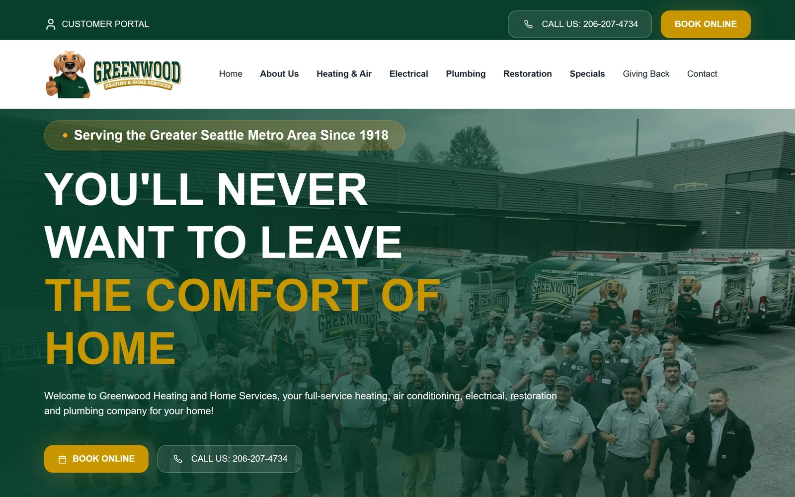 greenwoodheating.com, hvac website design: a company photograph of around fifty technicians in front of branded vans