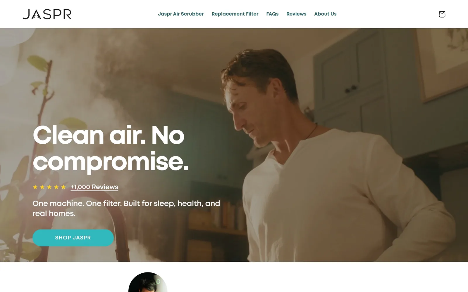jaspr.co, hvac website design: a man stands in a kitchen filling with haze while 'Clean air. No compromise.' sits in heavy white sans at
