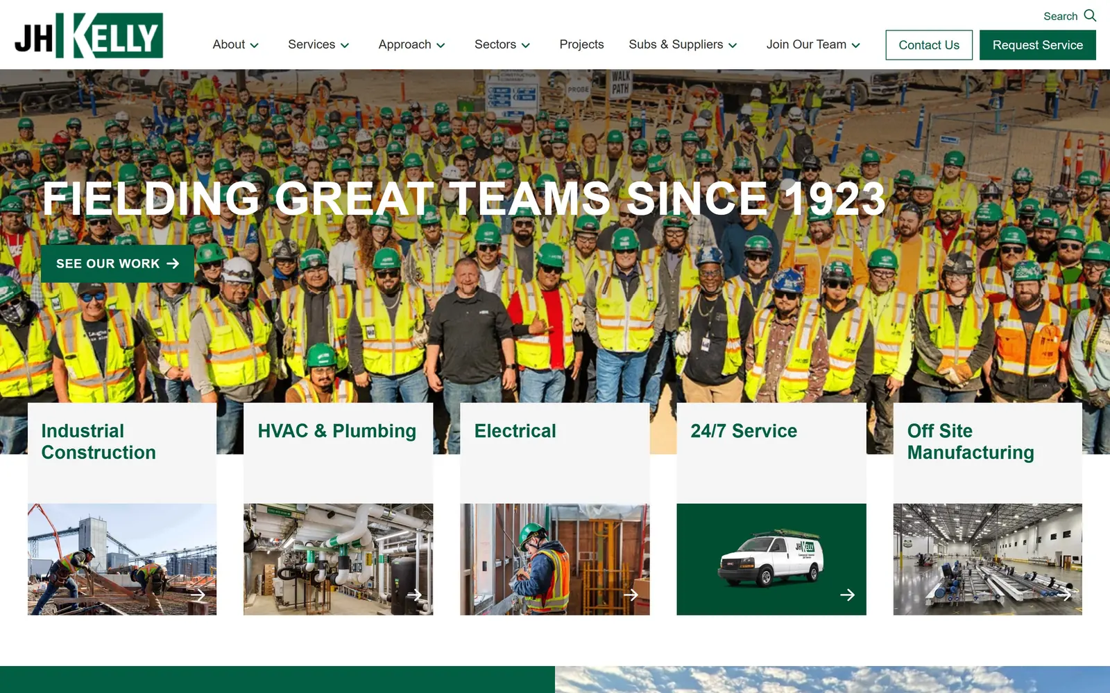 jhkelly.com, hvac website design: several hundred workers in hi-vis vests and green hard hats fill the hero