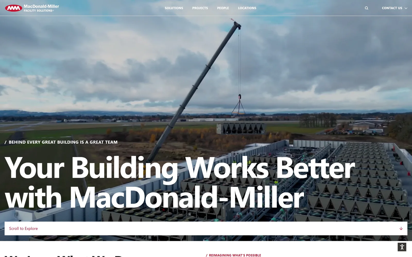 macmiller.com, hvac website design: a crane lowers rooftop equipment onto a building while 'Your Building Works Better