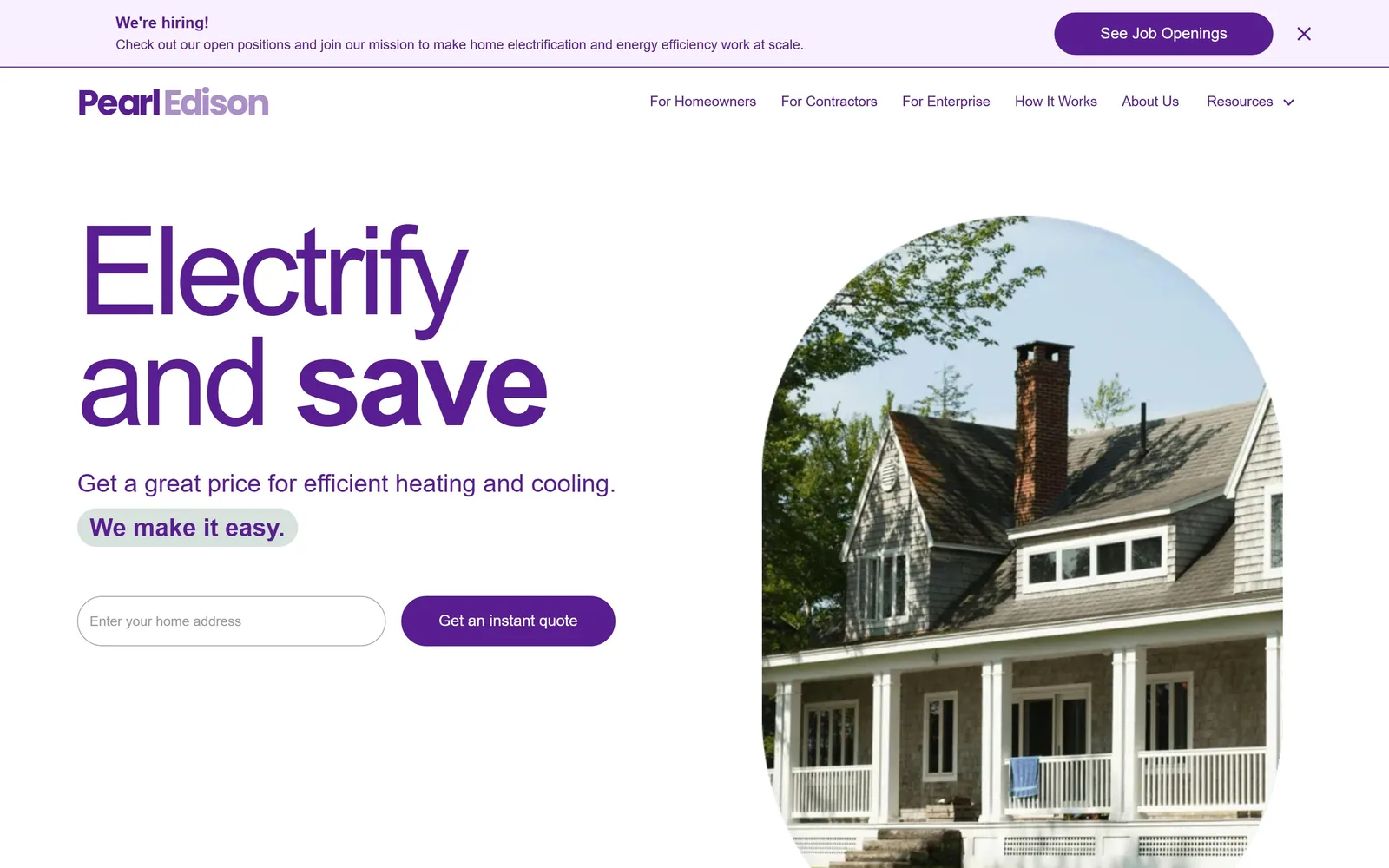 pearledison.com, hvac website design: 'Electrify and save' set in 128px purple Poppins beside an arch-cropped photograph of a shingled