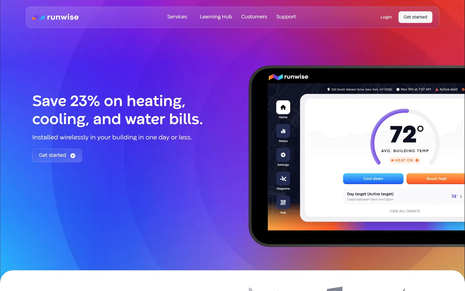 runwise.com, hvac website design: a blue-to-magenta gradient fills the hero with a tilted tablet showing a building dashboard reading 72