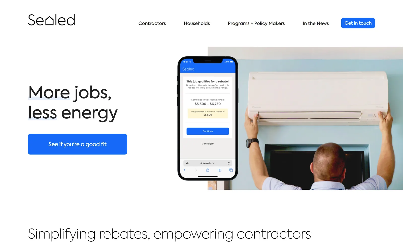 sealed.com, hvac website design: black type reading More jobs, less energy at the left