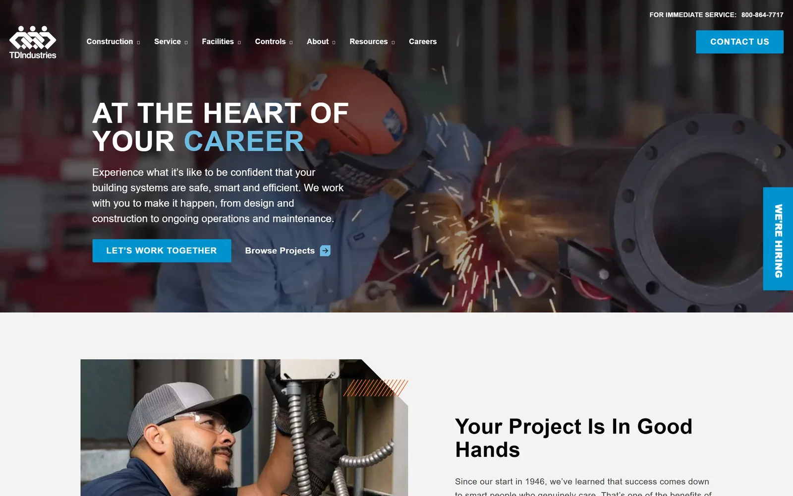 tdindustries.com, hvac website design: a welder works a flanged pipe in a shower of sparks, headline set in condensed white caps at the left