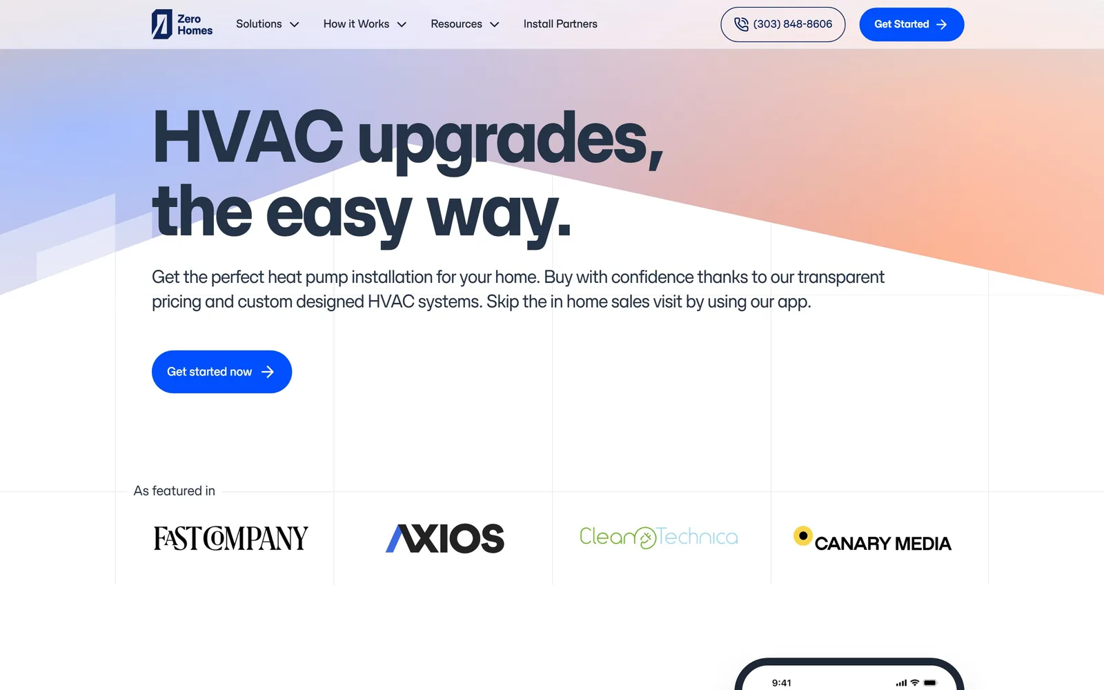 zerohomes.com, hvac website design: a 96px headline reading 'HVAC upgrades, the easy way.' sits over a pale blue-to-peach gradient wedge