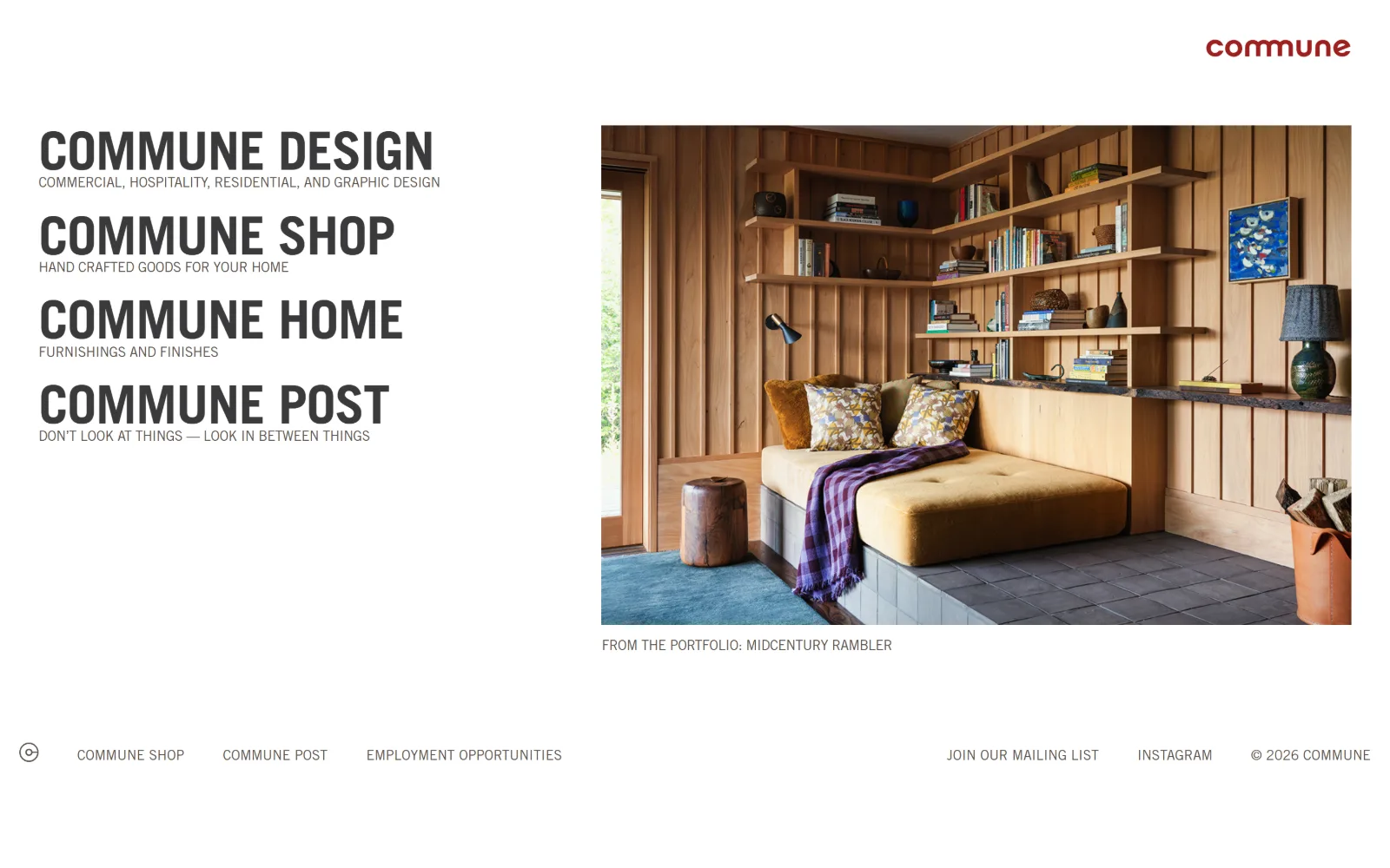 communedesign.com, interior design website design: four stacked Trade Gothic titles fill the left half while a cedar-lined window seat