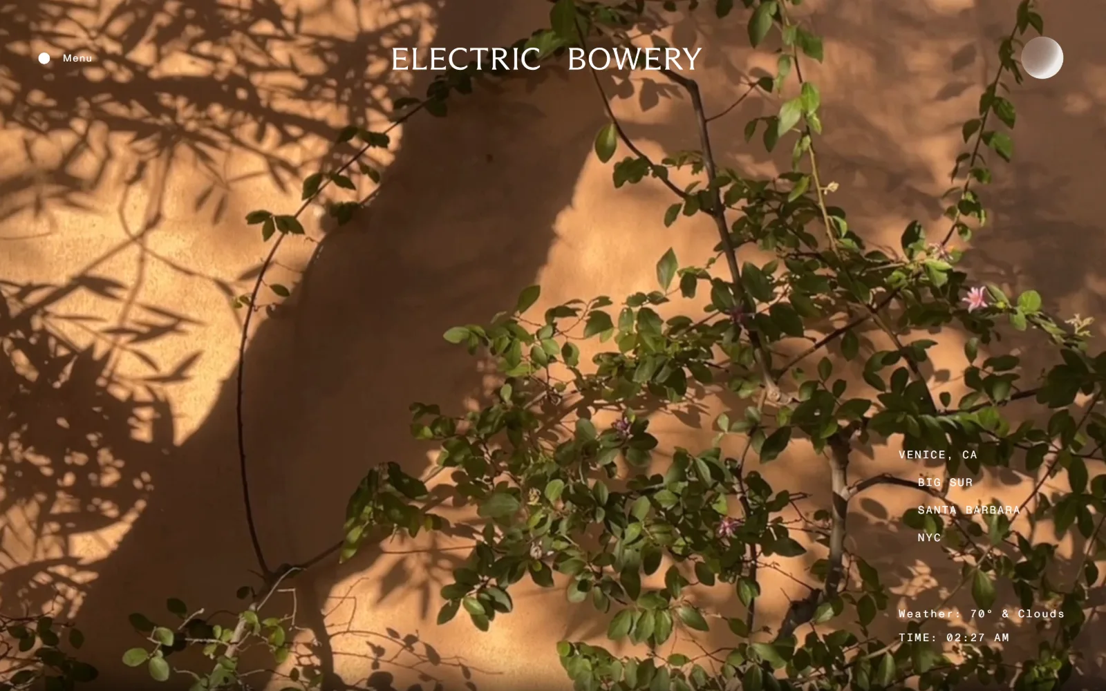 electricbowery.com, interior design website design: jasmine shadows fall across a terracotta wall in a video hero, with a city list
