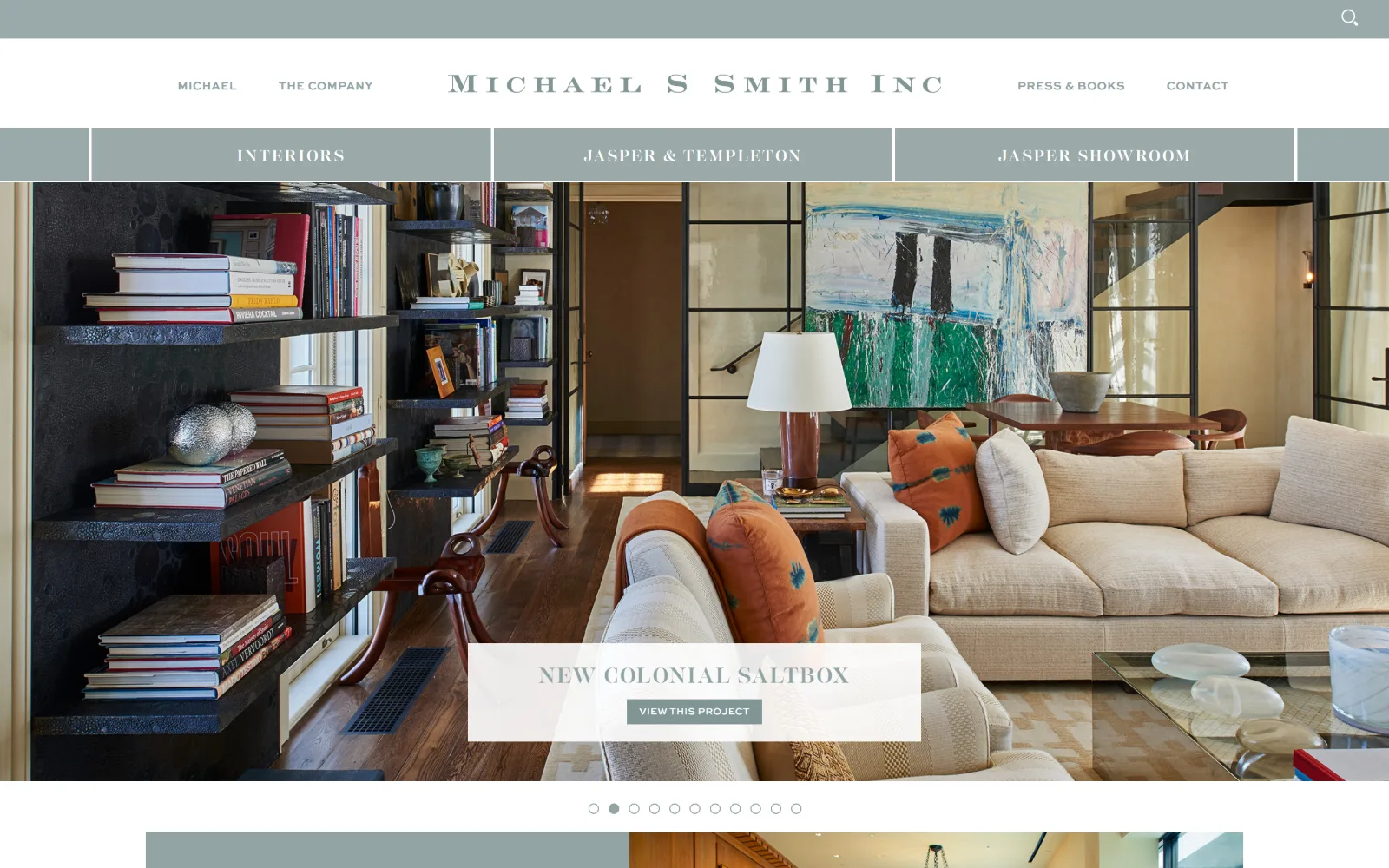 michaelsmithinc.com, interior design website design: three header bands in teal and white sit above a slider showing a living room