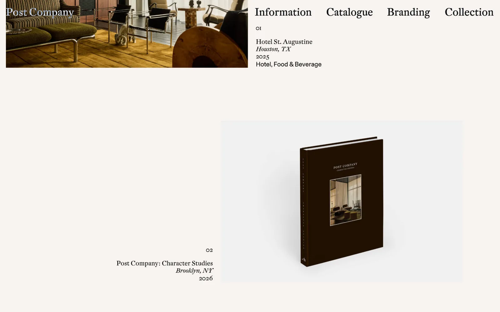 postcompany.co, interior design website design: a numbered index: a hotel lounge shot clipped to the top edge