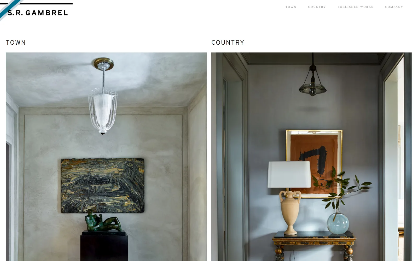 srgambrel.com, interior design website design: two full-height interiors sit side by side under the labels TOWN and COUNTRY