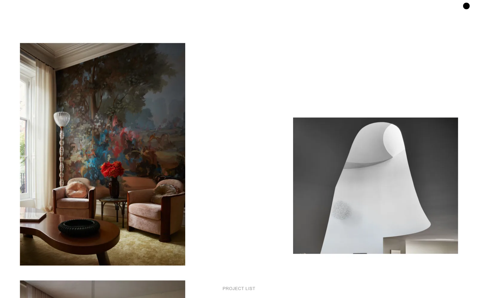 studioshamshiri.com, interior design website design: two photographs float on white at different heights, one of a painted garden mural
