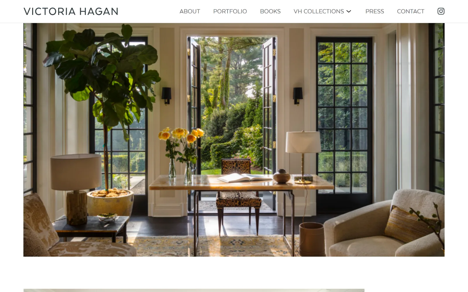 victoriahagan.com, interior design website design: a sunlit garden room with French doors open, a fiddle-leaf fig and yellow roses