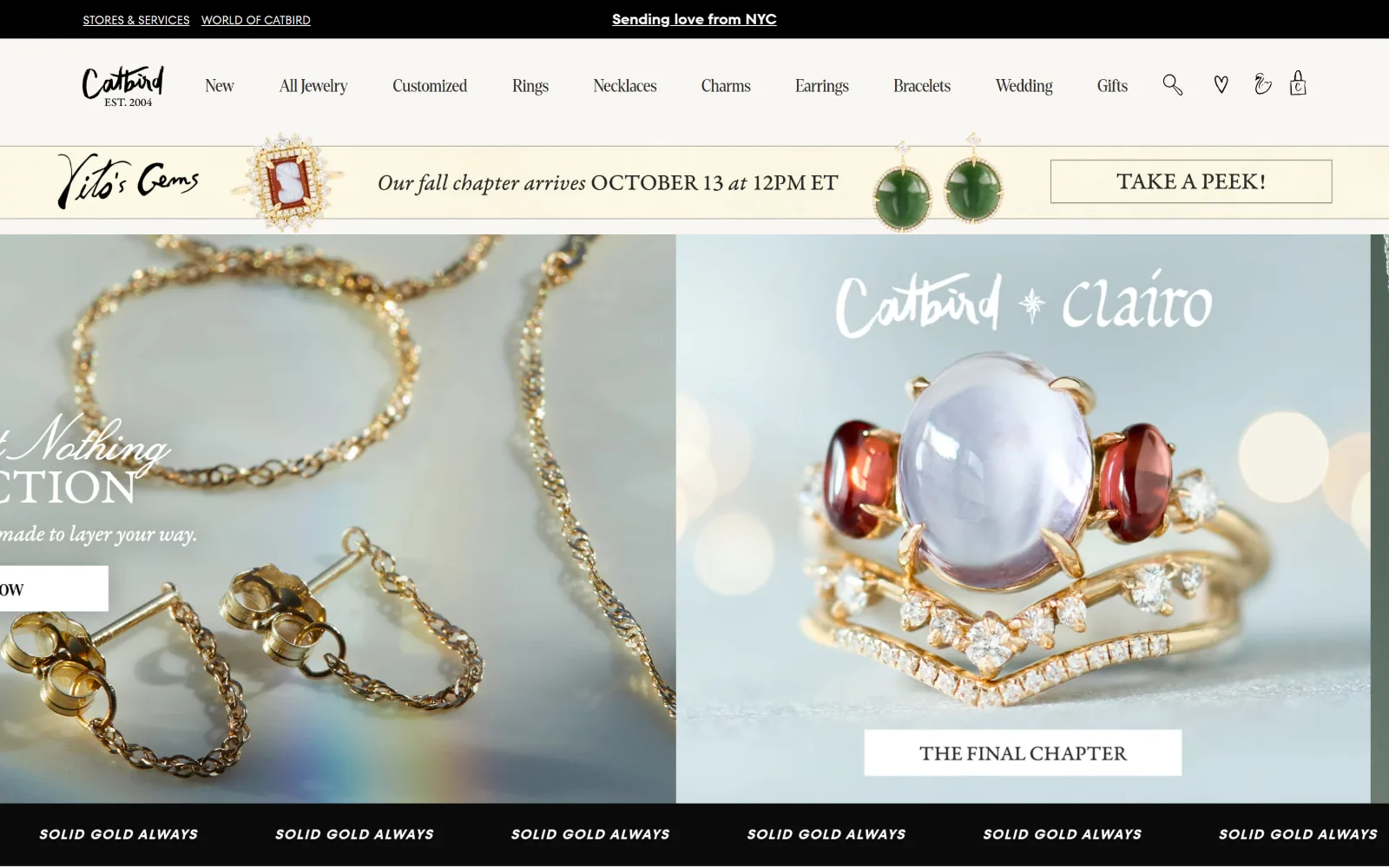 catbirdnyc.com, jewelry store website design: two jewellery close-ups split the fold under a cream announcement strip