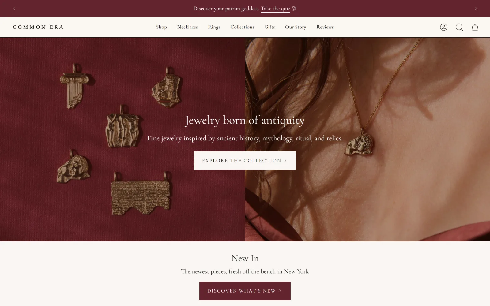 commonera.com, jewelry store website design: gold pendants cast from antiquity lie on oxblood velvet at left while a sunlit neck wears one
