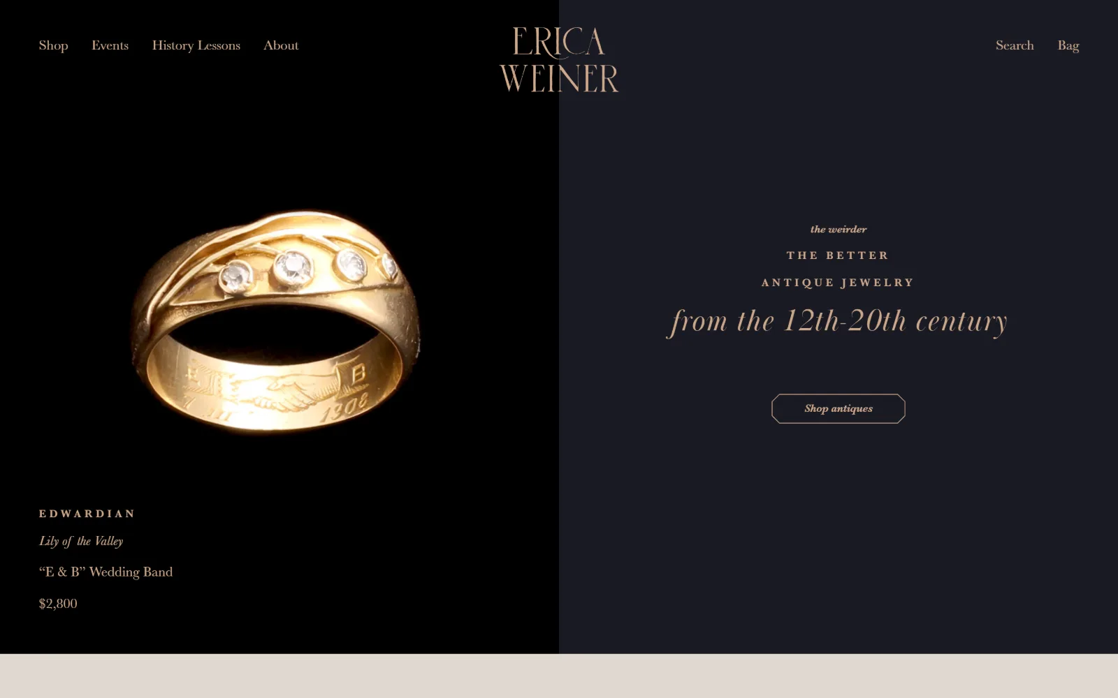 ericaweiner.com, jewelry store website design: an Edwardian gold band photographed on black fills the left half