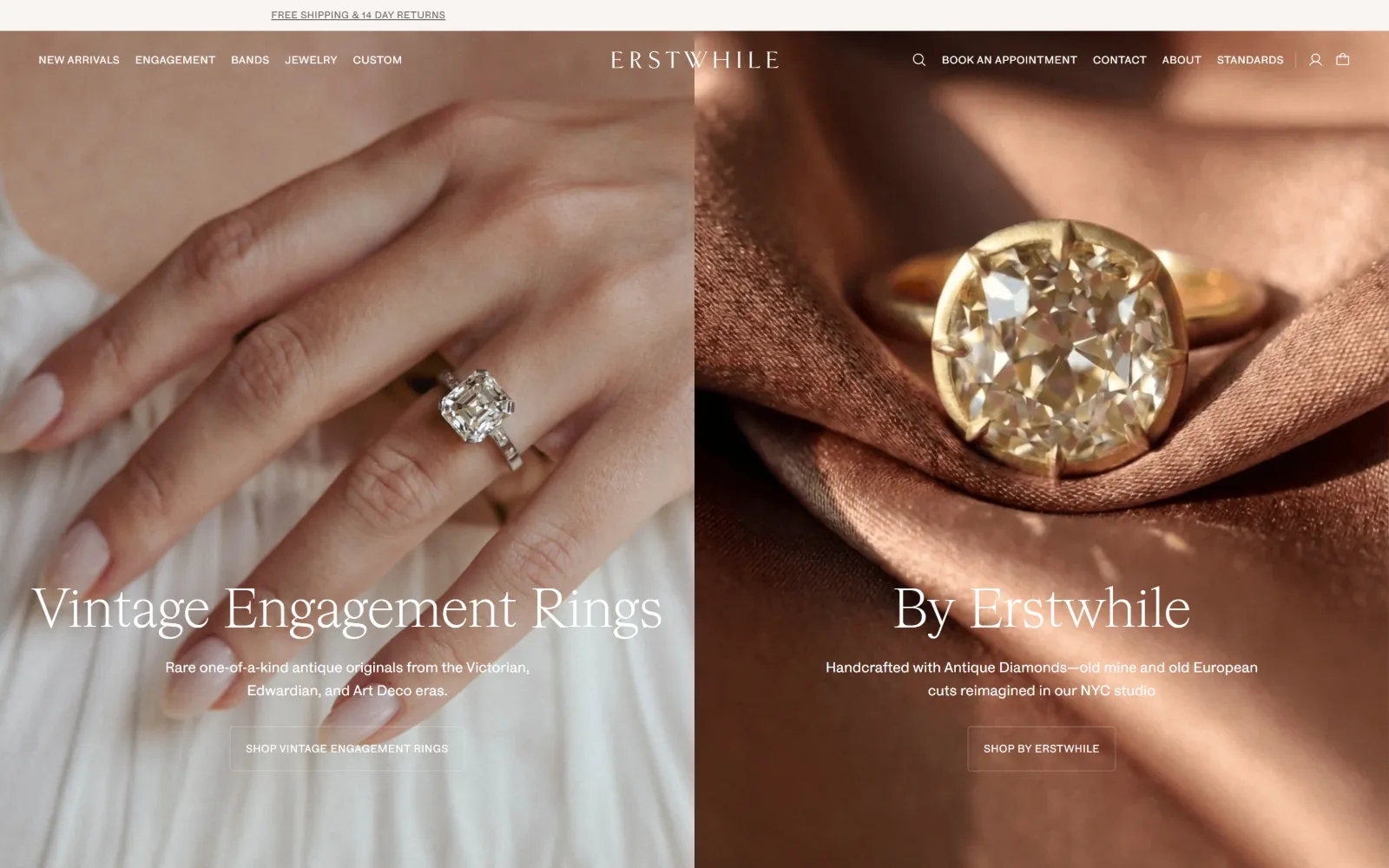 erstwhilejewelry.com, jewelry store website design: two photographs split the screen