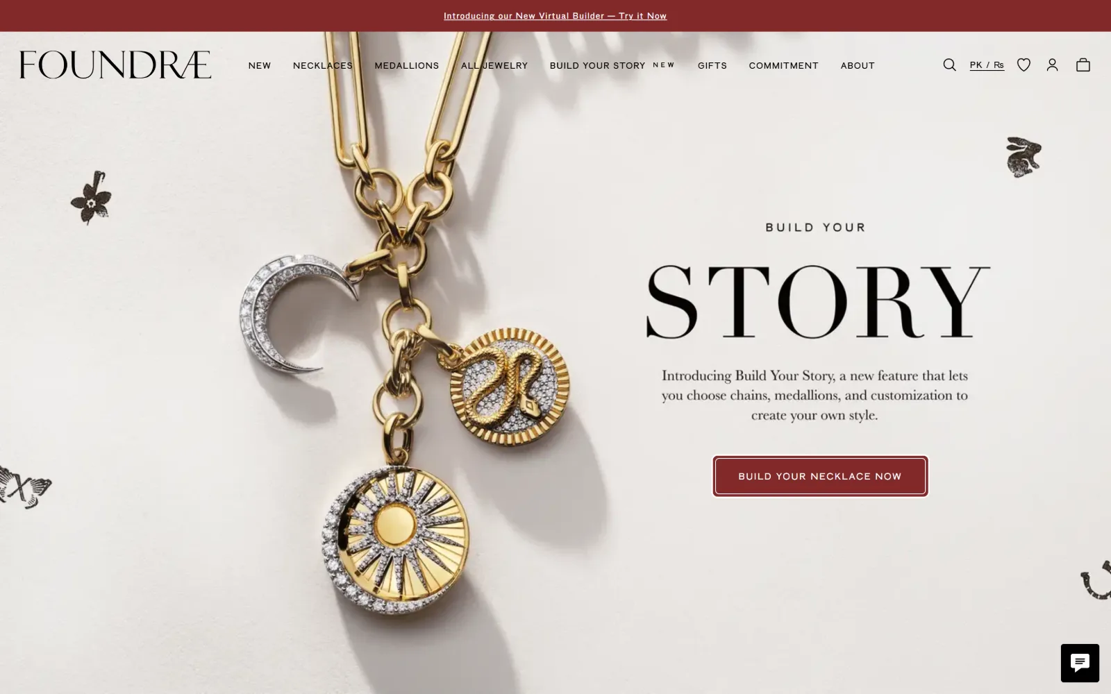 foundrae.com, jewelry store website design: gold medallions on a chain hang down the left of a pale stone ground