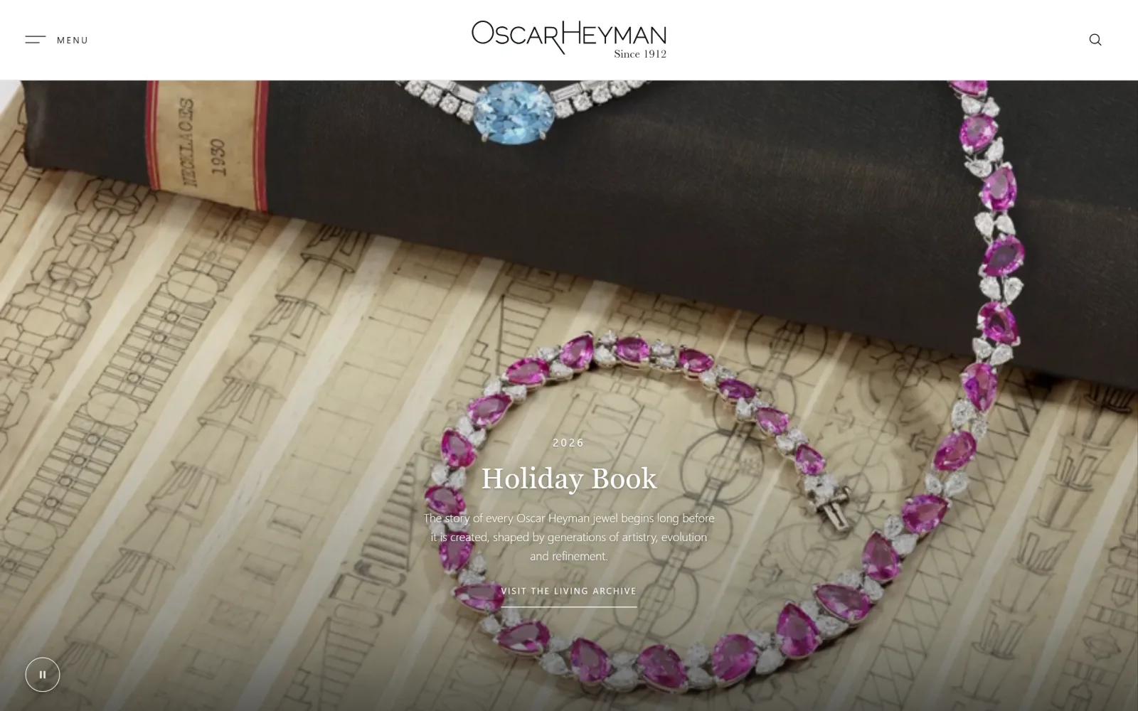 oscarheyman.com, jewelry store website design: pink sapphires and diamonds set in a bracelet lie across a 1930s design ledger