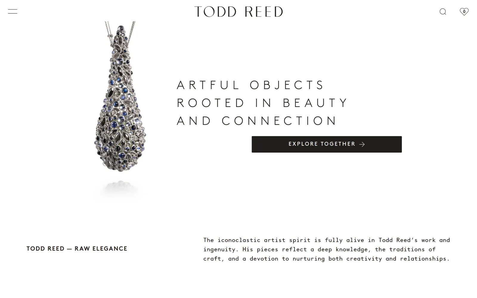 toddreed.com, jewelry store website design: one silver pendant encrusted with moonstones floats on white at the left