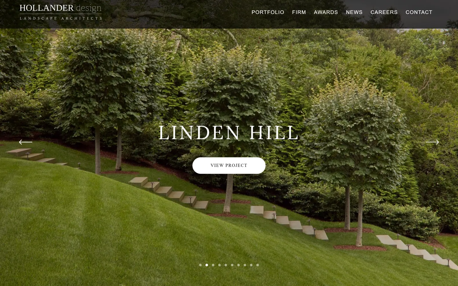 hollanderdesign.com, landscaping website design: centred letterspaced caps and a white pill button over a lawn threaded with stone treads