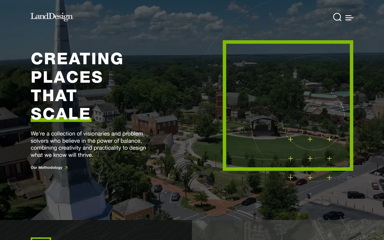 landdesign.com, landscaping website design: drops an acid green survey frame over a drone shot