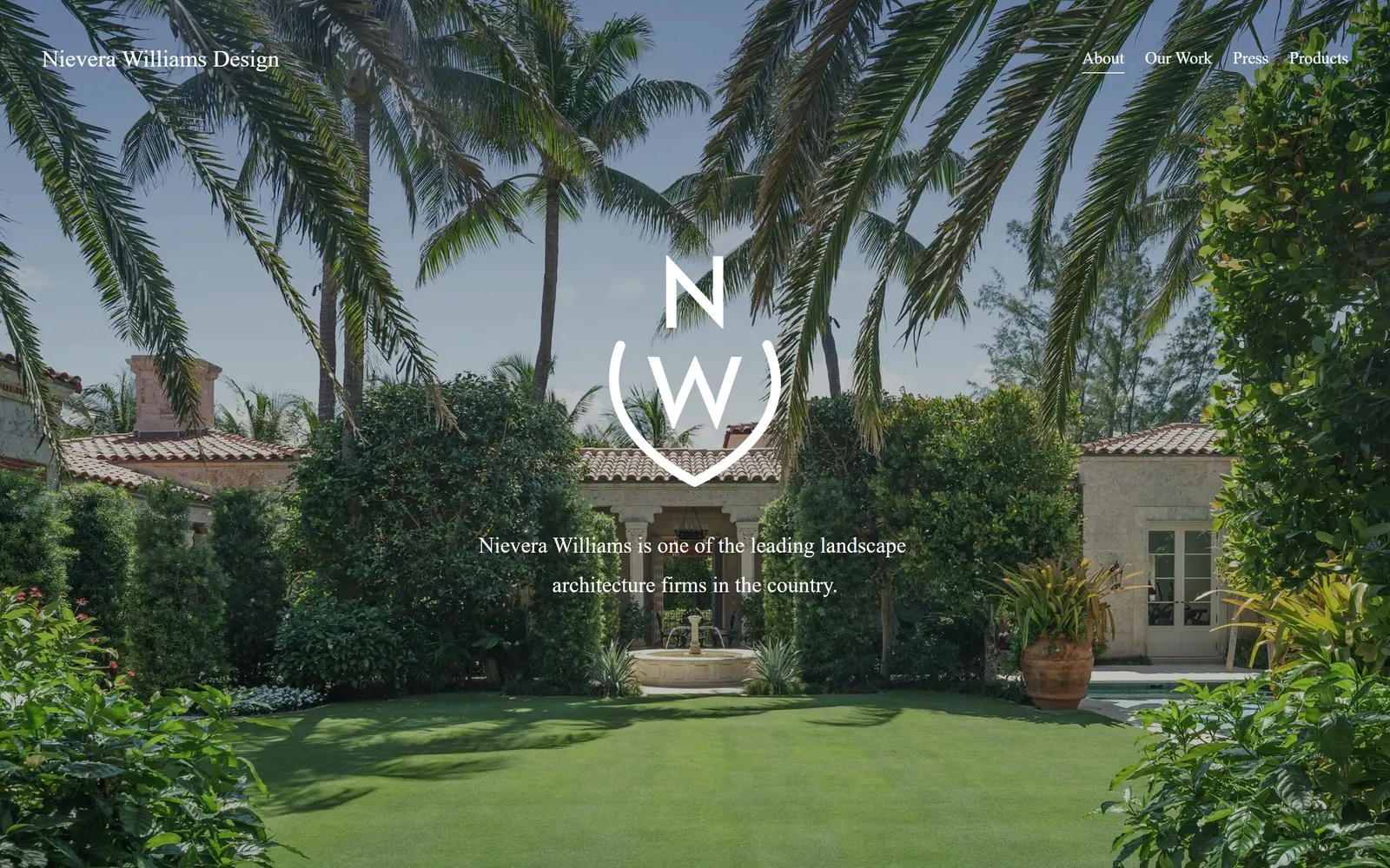 nieverawilliams.com, landscaping website design: symmetrical Palm Beach garden with a line monogram and one Garamond sentence on very open