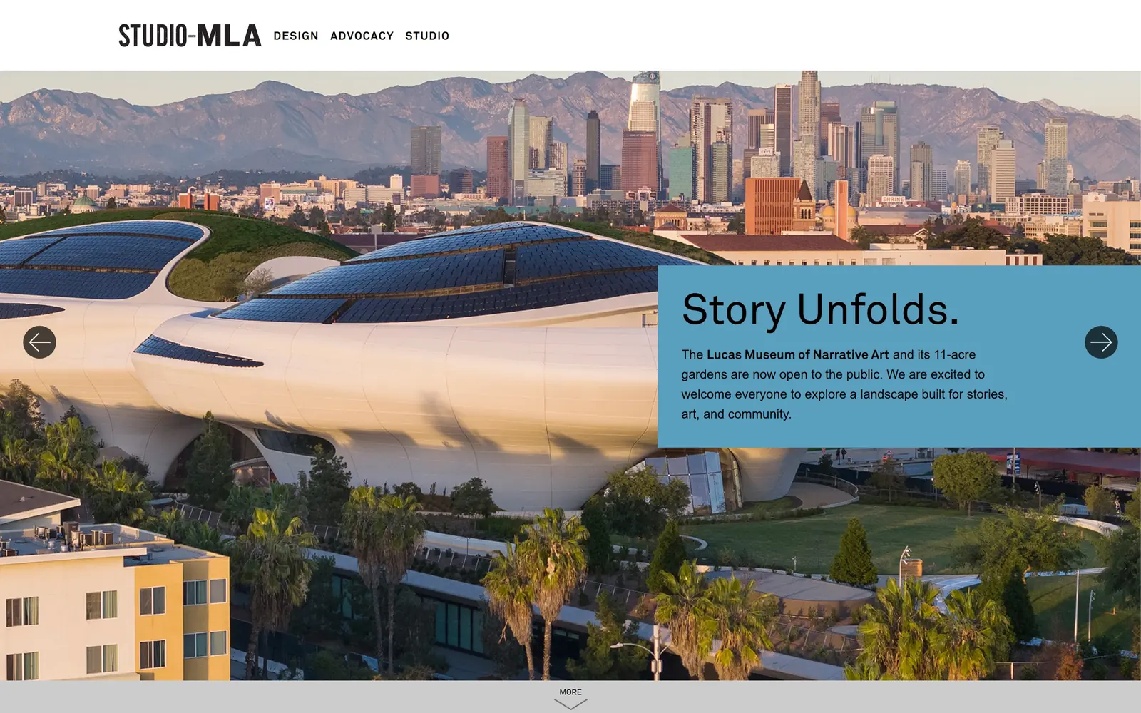studio-mla.com, landscaping website design: a dusty blue panel lands over an aerial of the Lucas Museum
