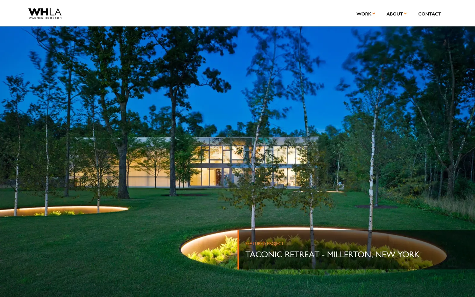 wagnerhodgson.com, landscaping website design: a twilight lawn with planters lit from inside