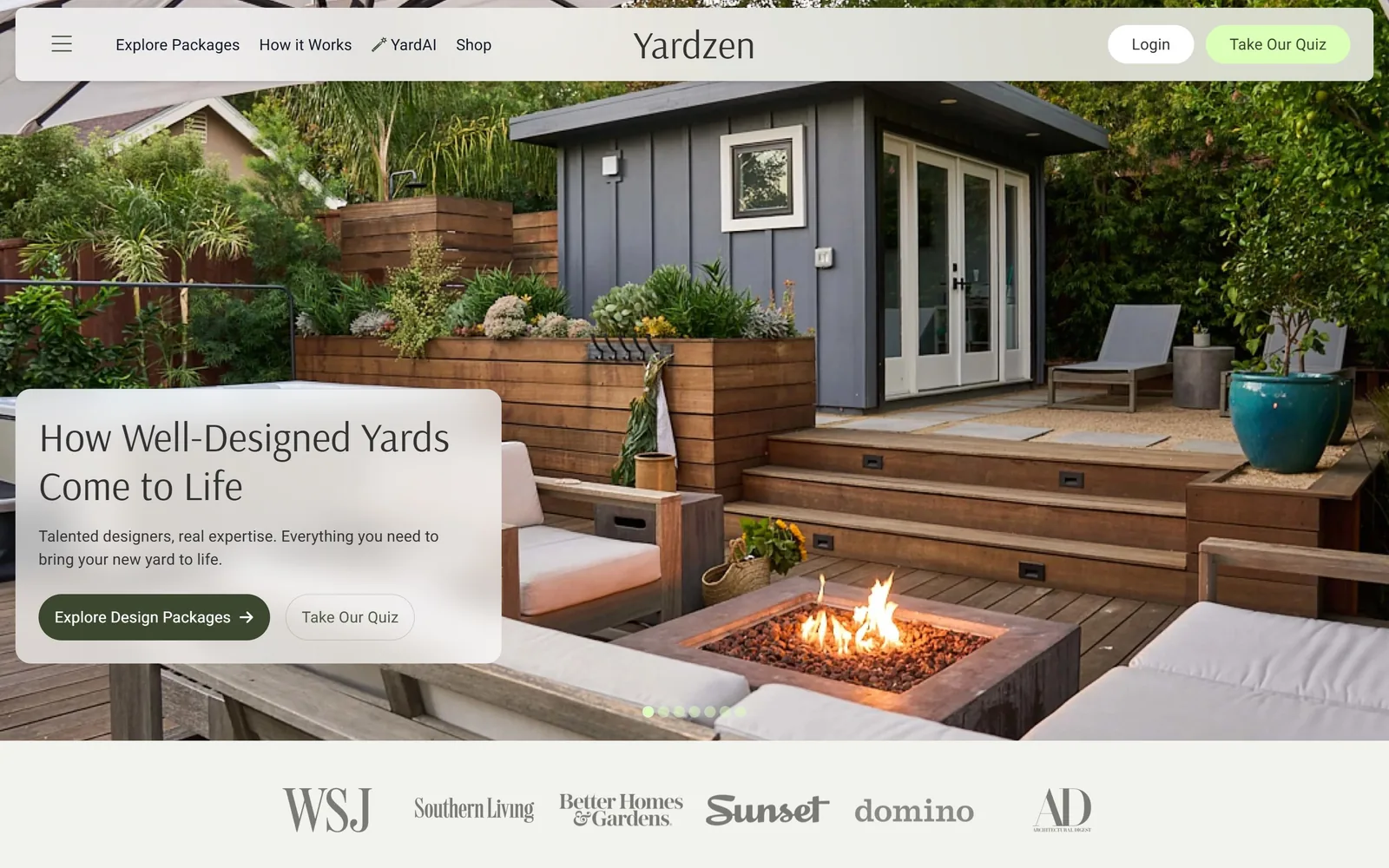 yardzen.com, landscaping website design: frosted card over a lit fire table, two tiers of button