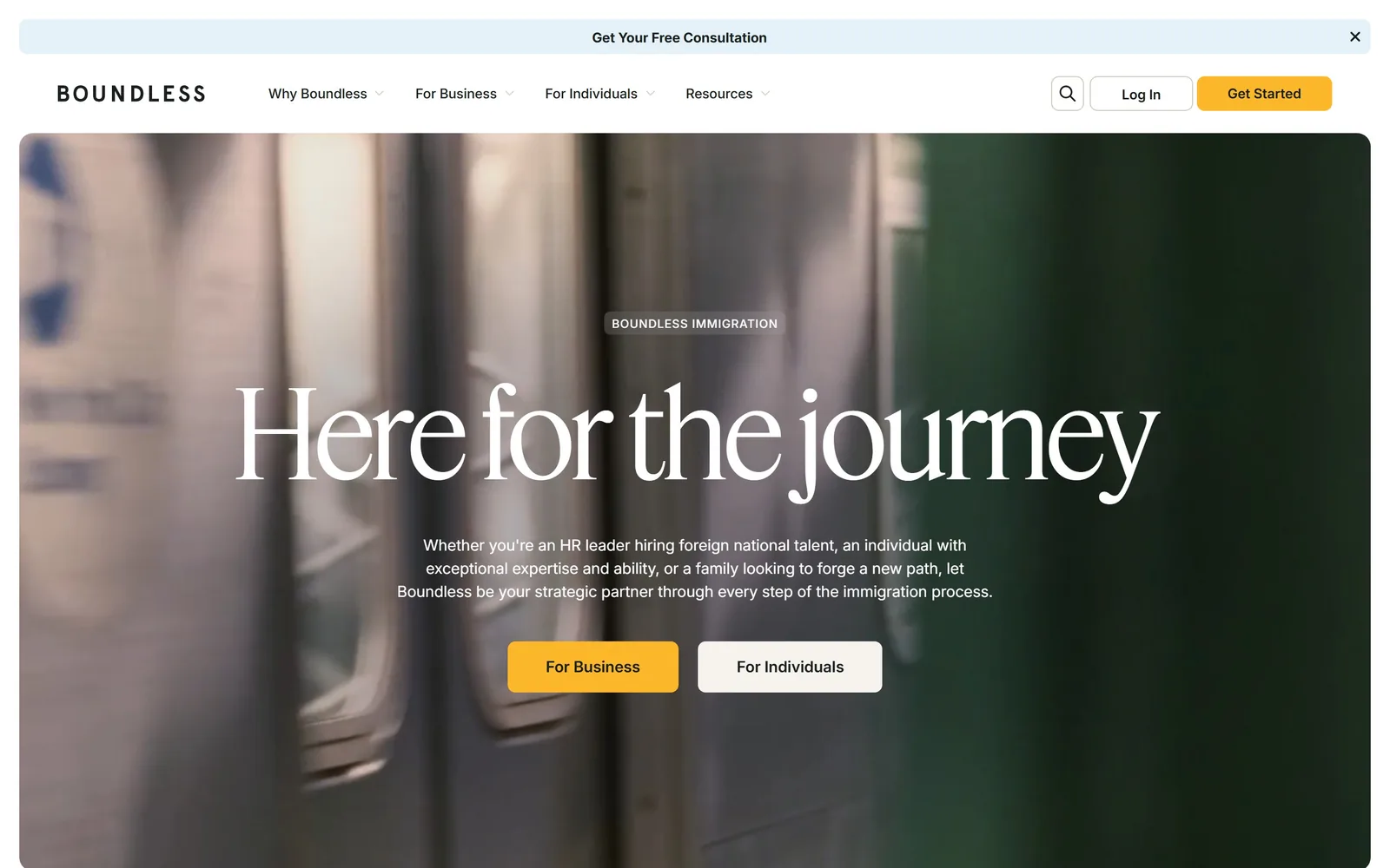 boundless.com, law firm website design: a blurred subway car in motion fills a rounded hero