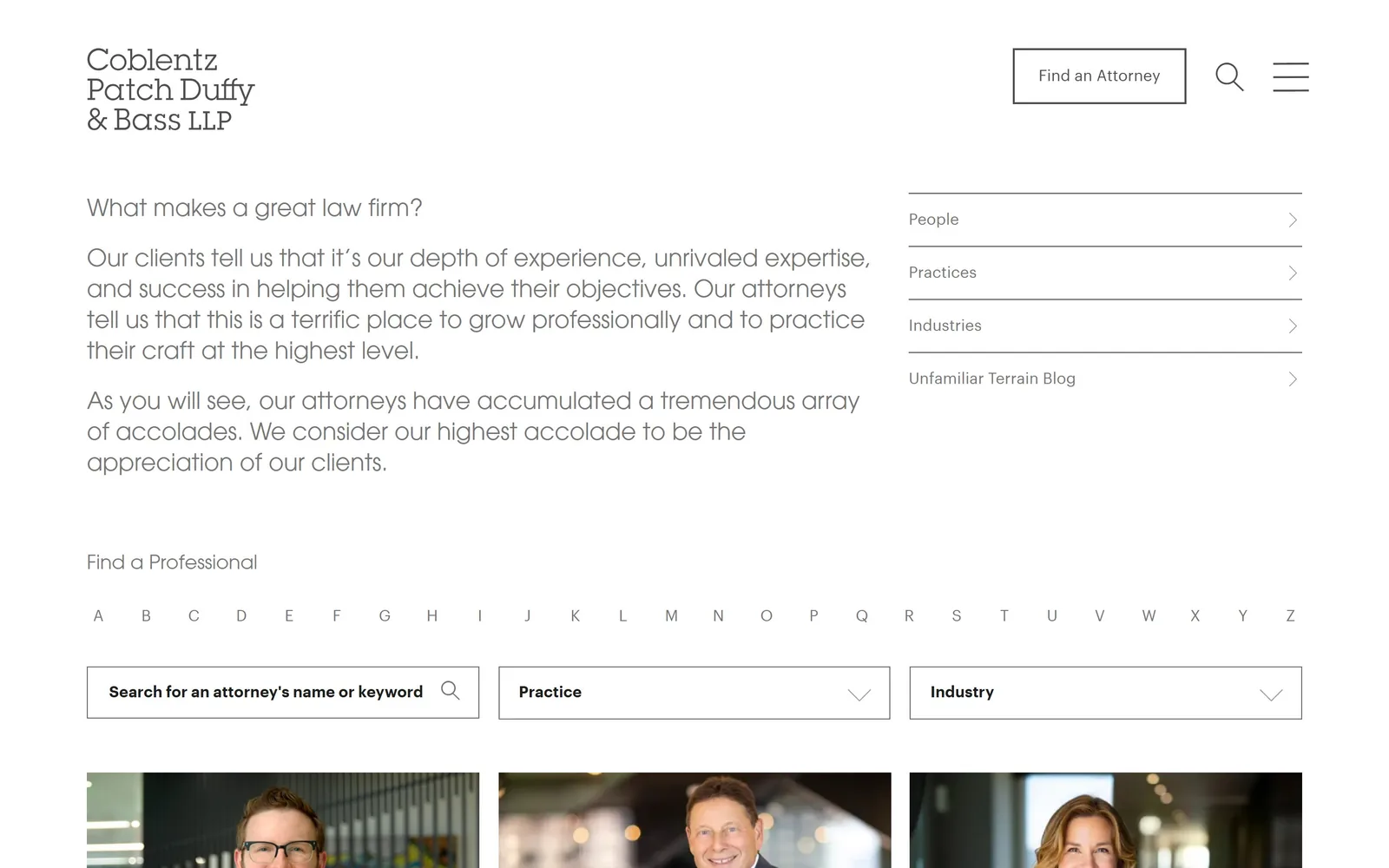 coblentzlaw.com, law firm website design: no image at all: a question in 24px grey type, three paragraphs of answer