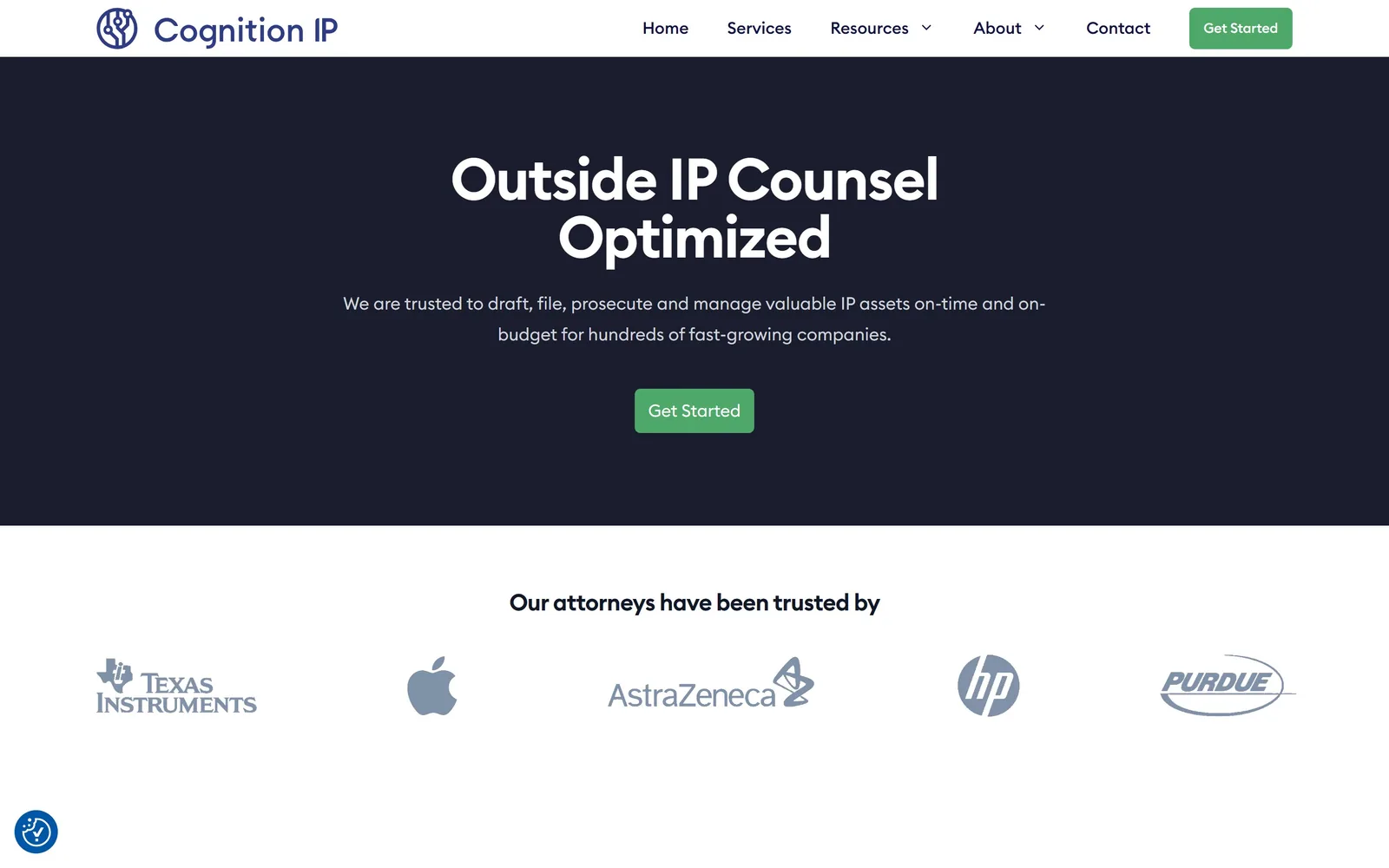 cognitionip.com, law firm website design: a dark navy band with a centred two-line headline, one green button